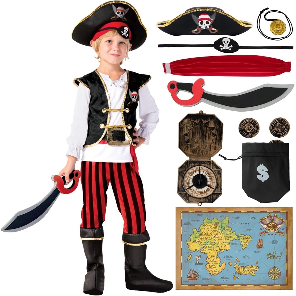 Spooktacular Creations Pirate Costume Kids Size 8-10 Black Red Accessory Set B3